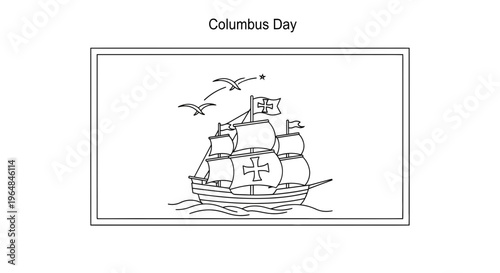 Historical sailing vessel on ocean waves for holiday celebration line art