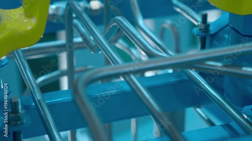Stainless steel pipes ensure the operation of industrial equipment. Closeup. Shot in motion 