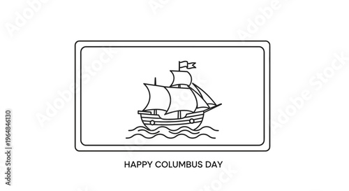 Minimalist line art illustration of an old sailing ship on ocean waves celebrating a historical