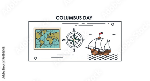 Linear illustration depicting historic maritime exploration, global discovery, and navigation
