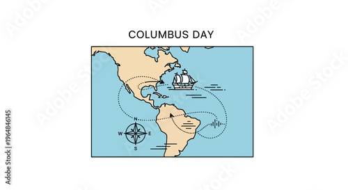 Illustrative map of explorer voyages across the Atlantic Ocean with a historical ship navigating