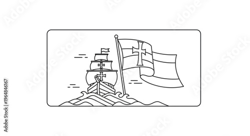 Historic sailing ship illustration with an explorer's flag on rolling ocean waves