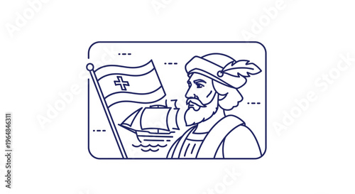 Clean line art illustration of a historical maritime explorer, his flag, and a sailing vessel