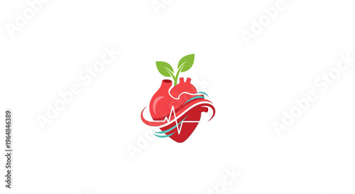 Healthy Heart with Growing Plant and EKG Line Symbol.