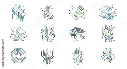 Set of abstract electronic circuit board patterns and designs.