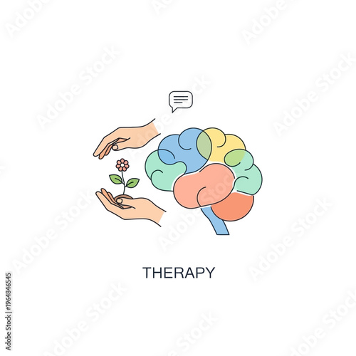 Therapy concept illustration of brain and nurturing hands.