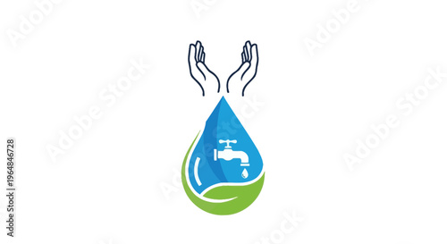 Water Drop with Hands and Faucet Symbol.