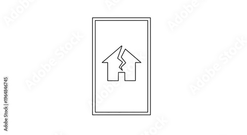Outline illustration of a damaged residential property symbol representing home crisis or