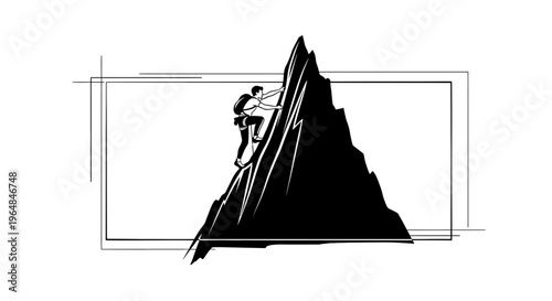Monochromatic vector art featuring a determined mountaineer conquering a steep, rugged rock face