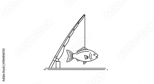 Clean linear graphic representation of a successful fishing catch with a rod and fish emblem