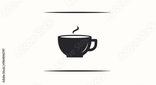Minimalist black silhouette of a steaming hot beverage cup icon isolated on a crisp white