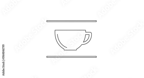 Minimalist line art icon of a simple coffee cup between two horizontal lines on white background