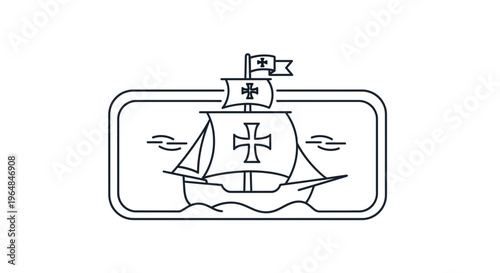 Line art design featuring a historic sailing vessel adorned with prominent crosses minimalist icon