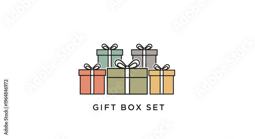 Set of Five Colorful Gift Boxes with Ribbons.