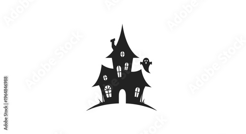 Spooky Haunted House Silhouette with Ghost Illustration.