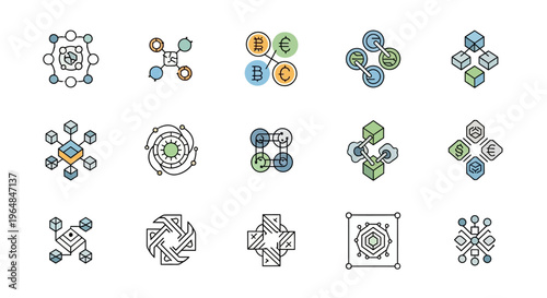Set of abstract geometric shapes and icons representing connections and networks.