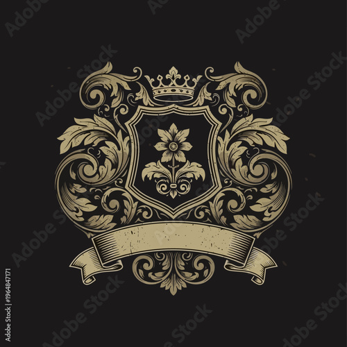 ornate golden crest with floral emblem and banner.