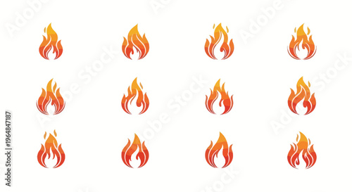Set of twelve stylized flame icons in various shades of orange and red.