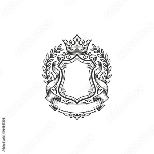 Vintage Emblem Shield with Crown and Laurel Wreath.