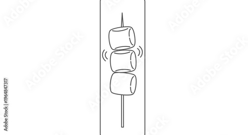Minimalist line art illustration of three soft marshmallows on a skewer heating gently