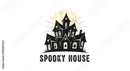 Spooky Haunted House Silhouette with Full Moon.