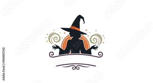 Silhouette of a witch casting a spell with magical swirls.