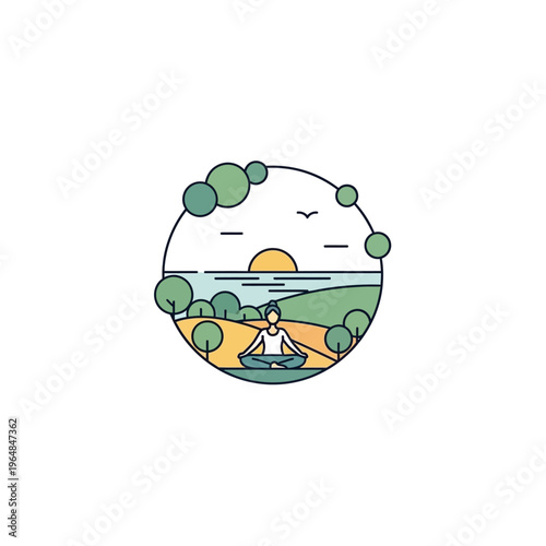 Person meditating peacefully in a serene natural landscape.