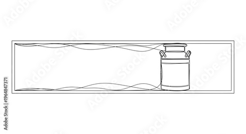 Minimalist one line art illustration of a classic milk can within a decorative rectangular frame