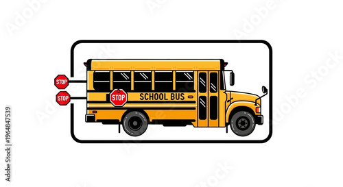 Classic yellow school bus illustration with multiple stop signs emphasizing child safety and