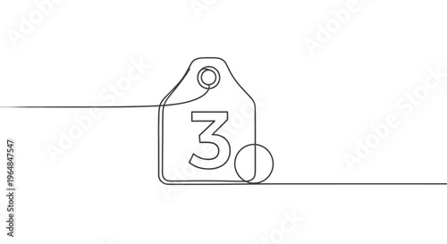 Conceptual single line drawing of a promotional tag displaying the numeral three, artistic pricing