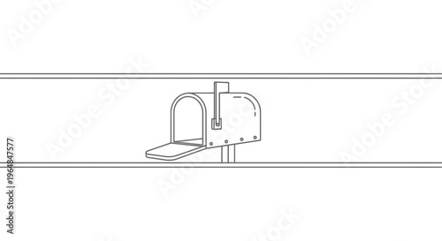 Minimalist line art illustration of an open mailbox with an upraised flag ready for service