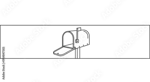 Clean line art depiction of a classic open roadside mailbox with its delivery flag prominently