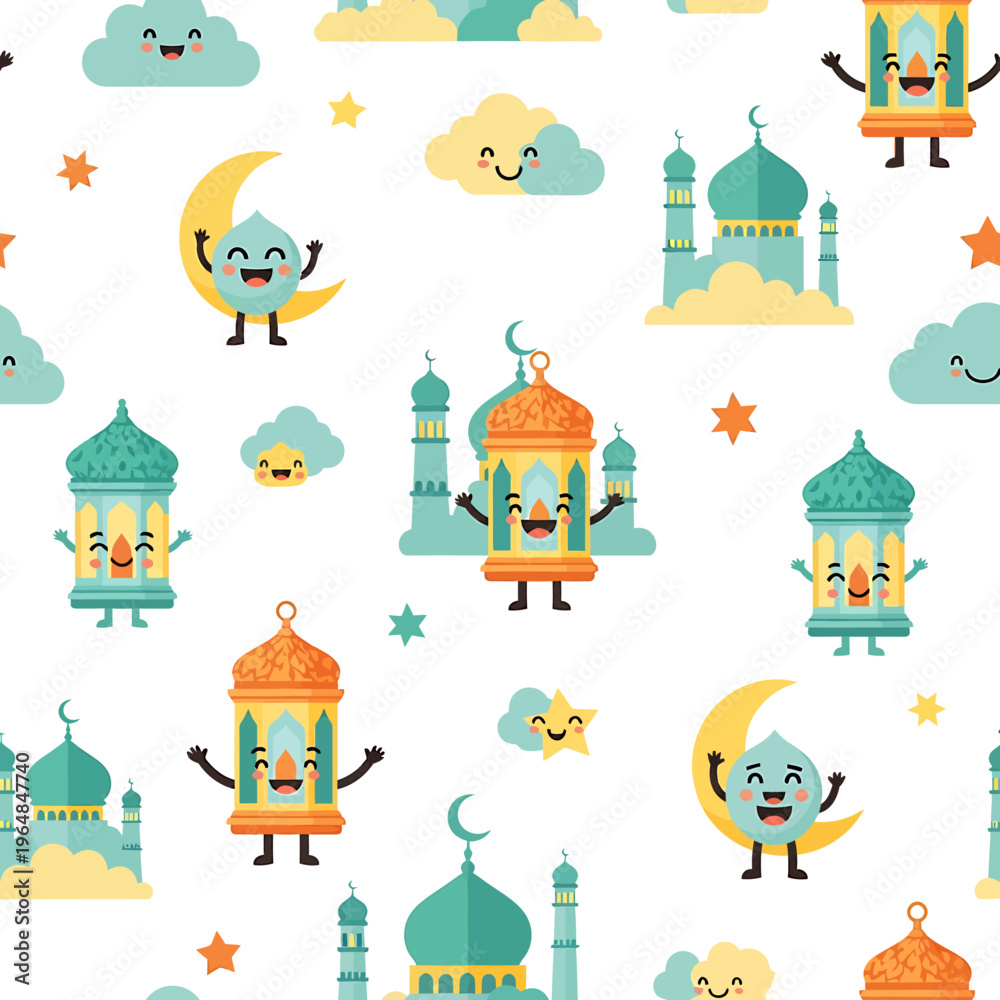 Naklejka premium Cute Cartoon Mosque Characters and Night Sky Elements Pattern.