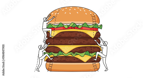 Tiny people bravely scale an enormous, multi-layered cheeseburger feast for an epic food adventure