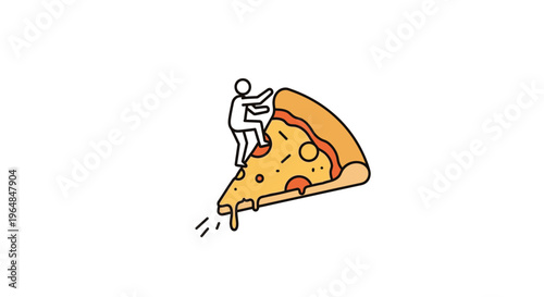 Whimsical cartoon character embarks on an epic journey atop a cheesy pizza slice with dripping