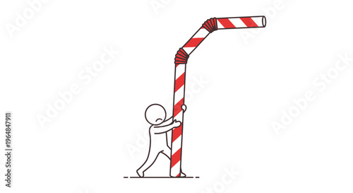 Determined stick figure supporting a giant striped drinking straw showing resilience