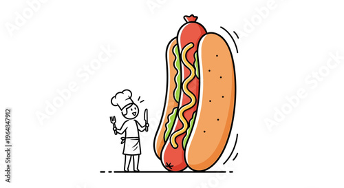 A happy stick figure chef prepares to enjoy an enormous gourmet hot dog meal with enthusiasm