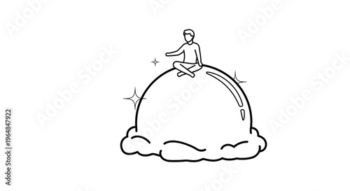 Minimalist illustration of a serene figure meditating on a sparkling dome amidst fluffy clouds
