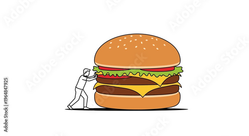 Determined individual confronts colossal double cheeseburger representing a monumental challenge