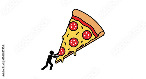 A determined stick figure pushing a comically oversized pepperoni pizza slice against a clean