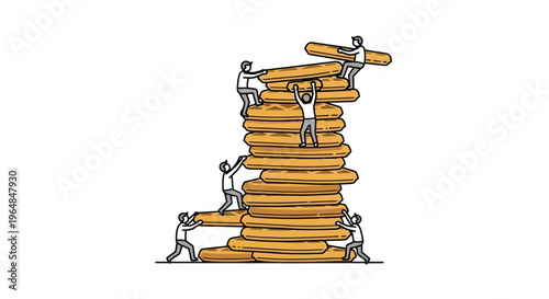 Collaborative effort of small figures constructing a towering stack of golden blocks, symbolizing