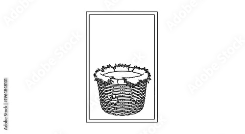 Minimalist line art illustration of a cozy woven basket filled with soft straw perfect for new