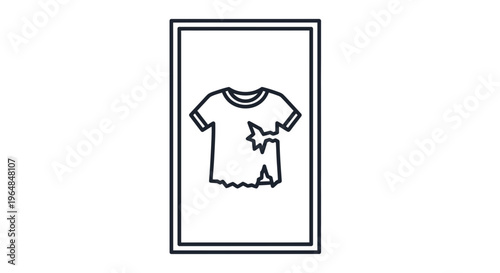 Simple monochrome graphic depicting a distressed garment within a frame, indicating worn clothing