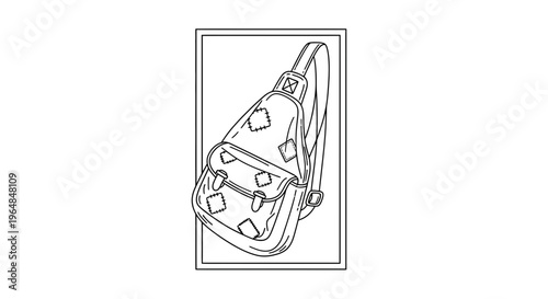Stylish monochrome outline drawing of a contemporary sling bag accessory for daily adventures