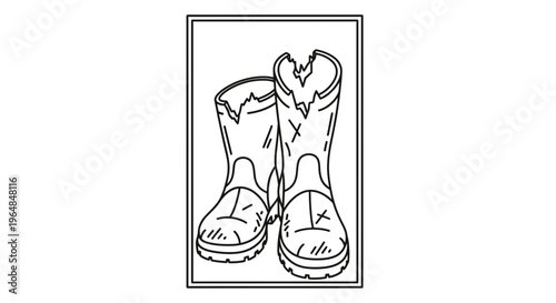 Hand-drawn illustration depicting a weathered pair of rugged boots, symbolizing hard work and
