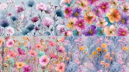 Seamless watercolor wildflower pattern with soft pastel colors