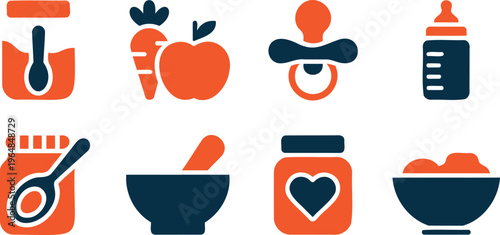 Baby food icons set including carrot apple pacifier bottle jar and bowl for healthy eating and nutrition  baby food icons