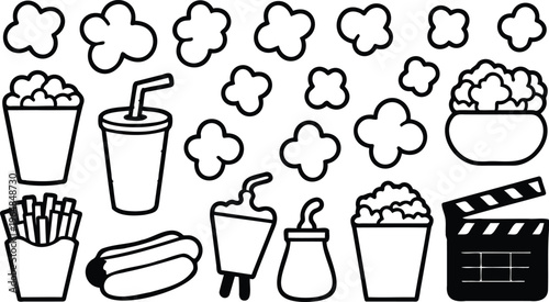 Black and white line drawing illustrations of movie snacks and cinema icons in simple doodle style on white background