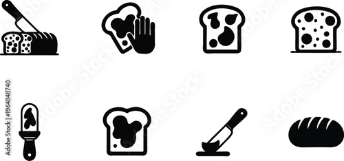 Blackandwhiteiconsofbreadandbreadknifeforfoodandkitchenconcept