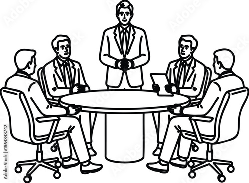 Business meeting with people sitting around a table and one standing  office discussion  teamwork and collaboration concept